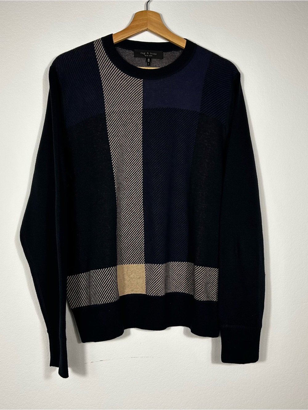 Rag & Bone Mens Plaid Crew Neck Long Sleeve Sweater Cotton Cashmere M Navy Blue